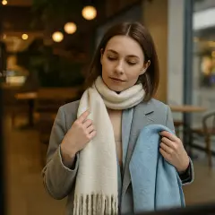 Kobieta w szarym płaszczu zastanawia się, jaki szalik do szarego płaszcza wybrać: kremowy czy błękitny.