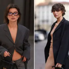 Dwie kobiety prezentują krótkie fryzury damskie bez układania. Jedna w szarym oversize'owym blazerze, druga w czarnym płaszczu.