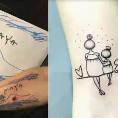 Tatuaż dla mamy z imionami dzieci, inspirowany rysunkiem córki. Widoczny tatuaż z imieniem "Maya" i rysunkiem, obok tatuaż przedstawiający mamę z córką i imię "Emma".