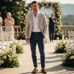Elegancki mężczyzna na wesele bez garnituru: jasna marynarka, biała koszula, granatowe spodnie i brązowe mokasyny. Idealna stylizacja na letnią uroczystość.