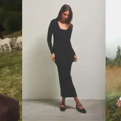Eleganckie stylizacje na Wigilię firmową: brązowa sukienka maxi, czarna dopasowana sukienka, biała koszula.