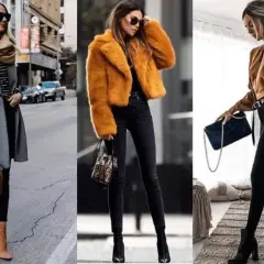 Trzy kobiety prezentują stylowe zestawy z czarnymi spodniami. Wygodne buty do czarnych spodni to klucz do modnego wyglądu.