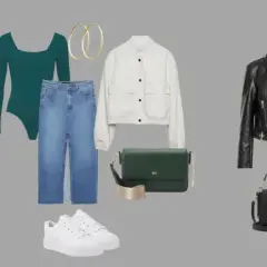 Stylizacja na wyjście z koleżankami: czarny top asymetryczny, jeansy, botki, torebka. Alternatywnie: zielony body, jeansy, biała bomberka, zielona torebka.