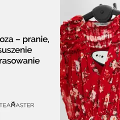 Czerwona sukienka w kwiaty, gotowa do prasowania. Dowiedz się, jak prac wiskoze, by wyglądała jak nowa.