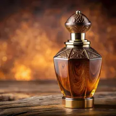 Elegancka buteleczka perfum z płynem w kolorze bursztynu. W tle ciepłe, rozmyte światła. Czy to właśnie oud, co to za zapach?