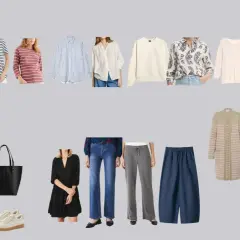 Zestaw ubrań tworzących szafę kapsułową męską: t-shirty, koszule, swetry, marynarka, spodnie, sukienka, akcesoria.