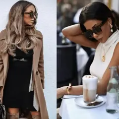 Elegancka stylizacja do restauracji: płaszcz, czarna sukienka i torebka. Druga kobieta w białej bluzce z golfem, przy stoliku z kawą.