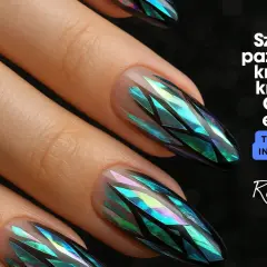 Efekt szklanych paznokci z folią holograficzną w odcieniach zieleni i fioletu. Inspiracje i techniki.