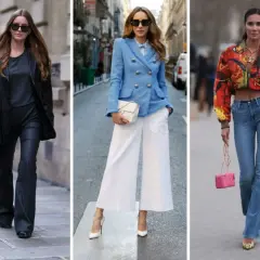 Trzy kobiety w modnych stylizacjach. Jedna w czerni, druga w błękicie i bieli, trzecia w kolorowej kurtce i jeansach. Figura gruszki gwiazdy w każdej z nich.