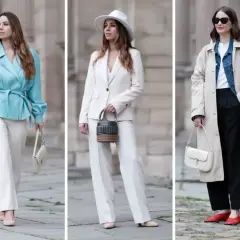 Eleganckie stylizacje na komunię ze spodniami: błękitny żakiet, biały garnitur i beżowy trencz z czarnymi spodniami.