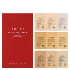 Tirtir Mask Fit Red Cushion w opakowaniu i próbkach. Zestaw zawiera 9 próbek podkładu w różnych odcieniach.