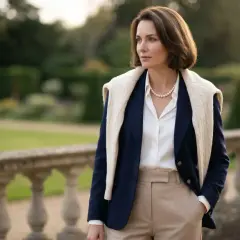 Elegancka kobieta w granatowej marynarce i beżowych spodniach, z perłowym naszyjnikiem, emanuje klasycznym "old money look" na tle ogrodu.