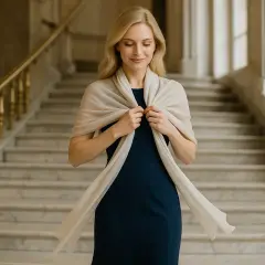 Elegancka kobieta w granatowej sukience wieczorowej i beżowym szalu. Pokaz, jak wiązać szal do sukienki wieczorowej, by wyglądać zjawiskowo.