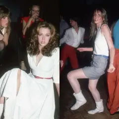 Impreza w stylu lat 80. Dziewczyny w białych sukienkach i spódniczkach, z kręconymi włosami i butami. Idealny pomysł na przebranie lata 80.