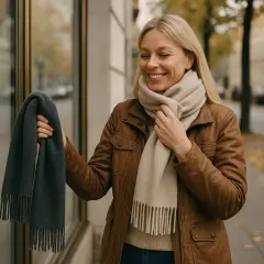 Kobieta w brązowej kurtce zastanawia się, jaki szalik do brązowego płaszcza będzie najlepszy. Ma w ręku szary szalik, a na szyi beżowy.