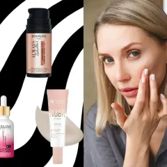 Kobieta aplikuje na twarz silikonową bazę pod makijaż. W tle kosmetyki: Bielenda, Bourjois, Eveline, Wings.
