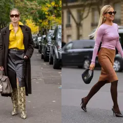 Dwie kobiety prezentują stylowe **kolory jesieni ubrania**: jedna w brązowym płaszczu i żółtej koszuli, druga w różowym swetrze i brązowej spódnicy.