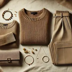 Elegancki zestaw w odcieniach beżu i brązu: swetry, spodnie, buty i biżuteria. Idealne kolory pasujące do brązu.