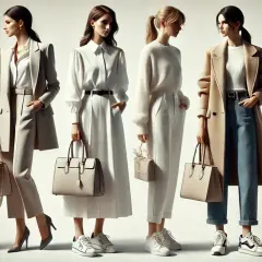 Sześć kobiet prezentuje elegancki styl damski w jasnych, neutralnych barwach. Od szerokich spodni po płaszcze, każda stylizacja emanuje szykiem.