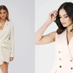 Eleganckie stylizacje do pracy: kremowa marynarka sukienka i różowa kamizelka.