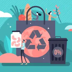 Ludzie pakują zakupy do torby, obok kosz na śmieci z 0% i słoik z fasolą. To symbolizuje, że zero waste co to znaczy – minimalizowanie odpadów.