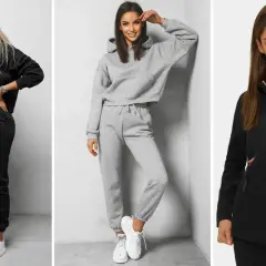 Trzy kobiety prezentują wygodne stylizacje w góry: czarny dres, szary komplet i czarną kurtkę z różowymi detalami.