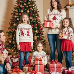 Rodzina w świątecznych stylizacjach rodzinnych pozuje przy choince z prezentami. Radosne dzieci i rodzice w swetrach z zimowymi wzorami.