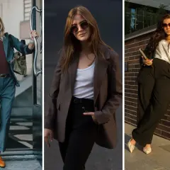 Eleganckie stylizacje do pracy: trzy kobiety w garniturach i modnych dodatkach.