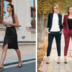 Eleganckie stylizacje dla kobiet: czarna spódnica z zamkiem i biały top, granatowy i bordowy garnitur. Inspiracja, jak się ubrać.