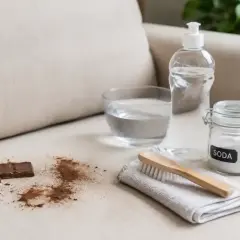 Plama z czekolady na kanapie? Soda, ocet i woda to domowe sposoby, jak usunąć plamę z czekolady.