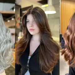 Trzy kobiety prezentują stylowe fryzury: blond z falami, brązowe włosy cieniowane warstwowo z grzywką i miedziane loki.