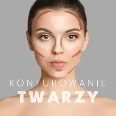 Modelka prezentuje konturowanie twarzy na sucho. Ciemniejsze i jaśniejsze plamy podkreślają rysy.