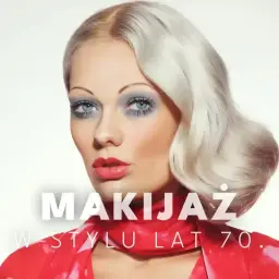 Kobieta z blond włosami i wyrazistym makijażem oczu w stylu lat 70. z niebieskim cieniem i czerwoną szminką.