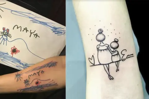 Tatuaż dla mamy z imionami dzieci, inspirowany rysunkiem córki. Widoczny tatuaż z imieniem "Maya" i rysunkiem, obok tatuaż przedstawiający mamę z córką i imię "Emma".