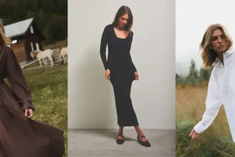 Eleganckie stylizacje na Wigilię firmową: brązowa sukienka maxi, czarna dopasowana sukienka, biała koszula.