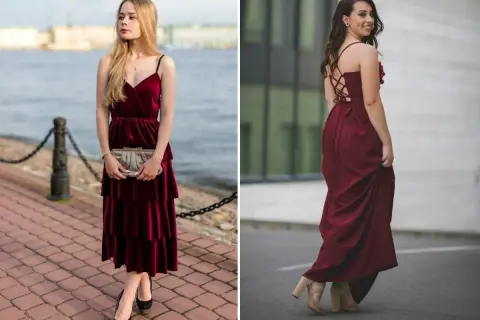 Eleganckie dodatki do bordowej sukienki na wesele: kopertówka i szpilki lub sandałki na obcasie.