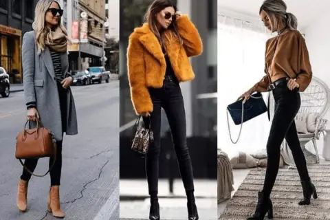 Trzy kobiety prezentują stylowe zestawy z czarnymi spodniami. Wygodne buty do czarnych spodni to klucz do modnego wyglądu.