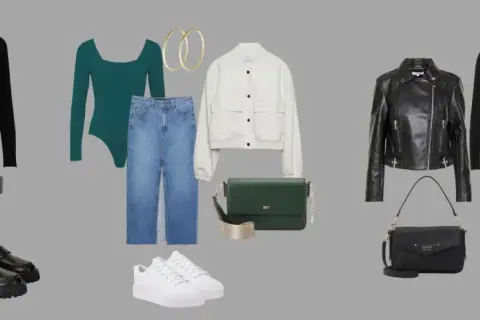 Stylizacja na wyjście z koleżankami: czarny top asymetryczny, jeansy, botki, torebka. Alternatywnie: zielony body, jeansy, biała bomberka, zielona torebka.