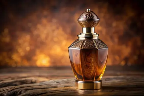 Elegancka buteleczka perfum z płynem w kolorze bursztynu. W tle ciepłe, rozmyte światła. Czy to właśnie oud, co to za zapach?