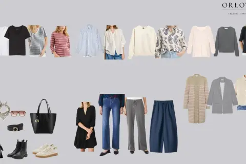 Zestaw ubrań tworzących szafę kapsułową męską: t-shirty, koszule, swetry, marynarka, spodnie, sukienka, akcesoria.