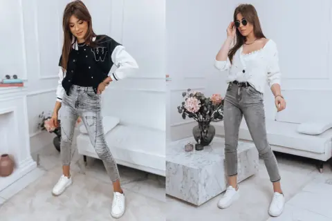 Dwie kobiety w jeansach z niskim stanem (low waist co to znaczy). Jedna w kurtce bomber, druga w białym sweterku.