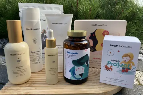 Produkty Health Labs Care: balsam, serum, szampon, suplementy OmegaMe i MyKids Protect wspierające zdrowie i urodę.