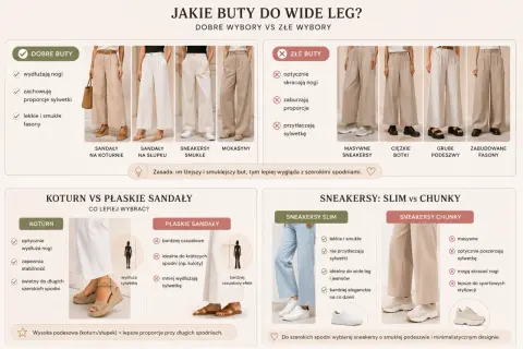 Dobre buty do spodni wide leg: sandały na koturnie, na słupku, sneakersy smukłe. Złe buty: masywne sneakersy, ciężkie botki.