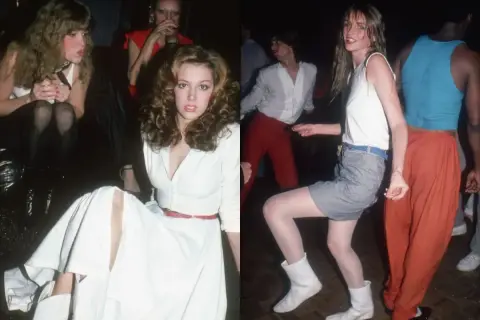 Impreza w stylu lat 80. Dziewczyny w białych sukienkach i spódniczkach, z kręconymi włosami i butami. Idealny pomysł na przebranie lata 80.