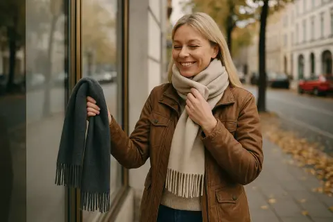 Kobieta w brązowej kurtce zastanawia się, jaki szalik do brązowego płaszcza będzie najlepszy. Ma w ręku szary szalik, a na szyi beżowy.