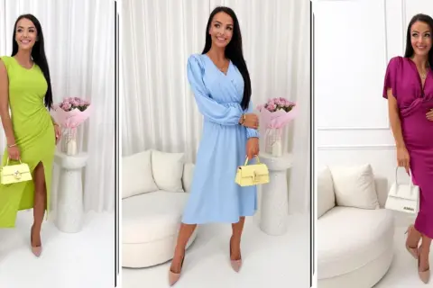 Eleganckie stylizacje na Wielkanoc: kobaltowa, błękitna i fuksjowa sukienka z torebkami.