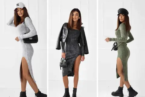Trzy kobiety prezentują różne style ubioru: sportowy z czapką, rockowy z ramoneską i elegancki z kaszkietem.