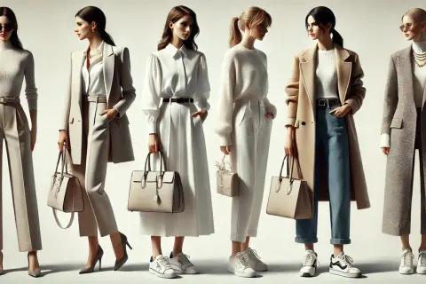 Sześć kobiet prezentuje elegancki styl damski w jasnych, neutralnych barwach. Od szerokich spodni po płaszcze, każda stylizacja emanuje szykiem.