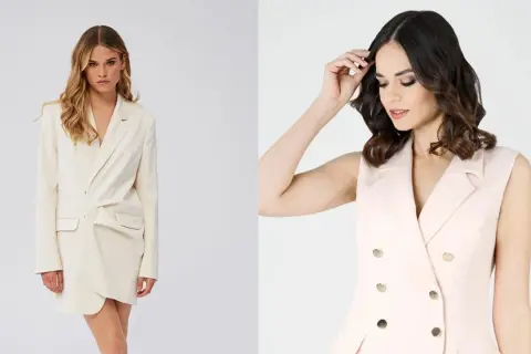 Eleganckie stylizacje do pracy: kremowa marynarka sukienka i różowa kamizelka.