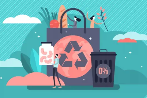 Ludzie pakują zakupy do torby, obok kosz na śmieci z 0% i słoik z fasolą. To symbolizuje, że zero waste co to znaczy – minimalizowanie odpadów.